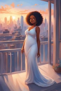 The scene opens onto a serene balcony overlooking a bustling city skyline. The sky above is painted in soft hues of blue and orange as the sun begins its descent, casting a warm glow over everything it touches. In the foreground stands a captivating figure, airbrush chibi cartoon curvy black woman exuding confidence and elegance. She is adorned in a flowing white knit maxi dress that hugs her curves in all the right places, accentuating her silhouette. Her choice of footwear is equally stunning