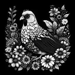 black and white chicken between seeds and big flowers. black background. for a coloring.