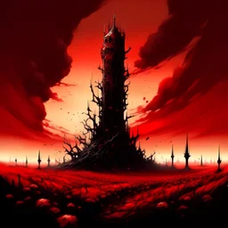 white thorns pillar tower, field of blood blood, war, red sky