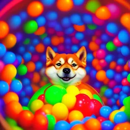 shiba inu in a ball pit of glowing spirits