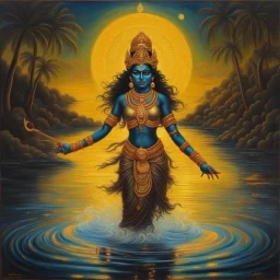 An oil painting of goddess Kali crossing a lake, neon gold colors, high detail,