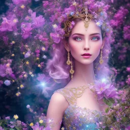 bright fairy, beautiful portrait, flowery a magical crystal flower lys bougainvillier, blue gold house indian palace castle in the woods, magnolias pink,blue lake,sun,white swanns,pink vertical, blue lake,sharp, vines, candlelit, endor, ornate, elegant, highly detailed, artstation, concept art, smooth, sharp focus, illustration, 8k, splash art, wallpaper, key visual