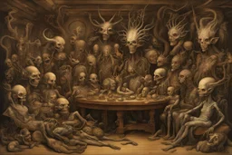 Family Reunion from Hell in Cryptid Taxidermy in post apocalyptic wonderland, in heaven everything is fine by lady in the radiator and brothers quay, painting by H.R. Giger, by Giuseppe Arcimboldo, Hieronymus Bosch, Alphonse Mucha, Art Nouveau, intricately detailed, hyperrealism, fantasy, imperial colors; Bogomils Universe