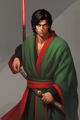 Full Body, Male Tan Human, Sith, Red Blindfold, Green and Black Robes, Handsome face, Black hair.