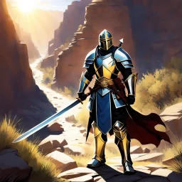 The hero, clad in plate armor, his two hands on the hilt of his zweihandsword, stands guard at the narrow passage in the canyon. Guard up, he knows he may die protecting the valley. The sun beats down mercilessly, casting harsh shadows across the rocky terrain. The hero's armor gleams in the sunlight, a beacon of strength and determination. His grip tightens on the hilt of his massive sword, ready to face whatever may come.