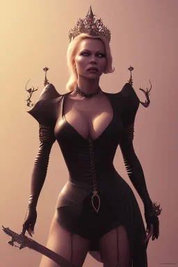 Pamela Anderson as evil queen in black leather, leather, busty, cleavage, angry, stern look. character design by cory loftis, fenghua zhong, ryohei hase, ismail inceoglu and ruan jia. unreal engine 5, artistic lighting, highly detailed, photorealistic, fantasy