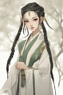 29 year old beautiful chinese female elf with long black braids, dressed in a diplomatic tunic