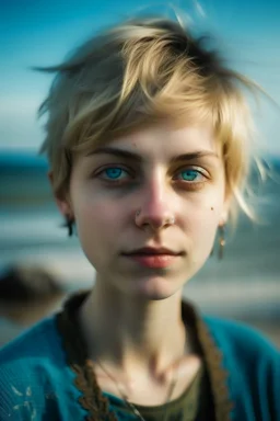 portrait of a 16 year old caucasian woman with and super short blond hair, blue-green eyes, bohemian style standing next to the sea