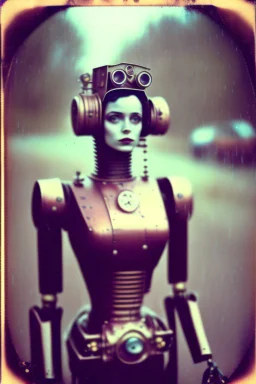 steampunk, vintage analog polaroid of a woman robot, female body, fog, lomography, heavy film grain, rain, color bleed, depth of field, bokeh, retro