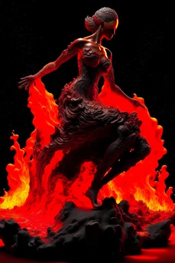 Behold a mesmerizing masterpiece portraying the full embodiment of fiery elegance as a woman crafted entirely of molten lava commands the canvas with her captivating presence, the artwork is highly detailed and exudes intricate textures, showcasing the smooth, fluid-like nature of the molten lava, the lighting accentuates the fiery glow, casting vibrant and dynamic shadows that dance across the scene, this digital illustration, reminiscent of artwork by ruan jia, Mandy Jurgens, Artgerm, and zdis