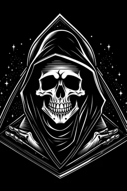 humorous skeleton in a black hooded cloak drawn in a retro mascot cartoon style, inside a light diamond shape on a black background, monochromatic