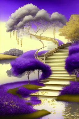 garden sky field trees river pools gold white purple stairs