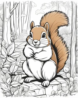 A captivating coloring book for kids scene featuring an squirrel in the forest, cartoon style.