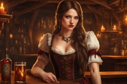 A young woman with pale skin and long brown hair in a fantasy tavern setting with intricate details. She is smirking, a tavern wench pouring a glass of whiskey, has intense red eyes, intimidating presence. High definition.