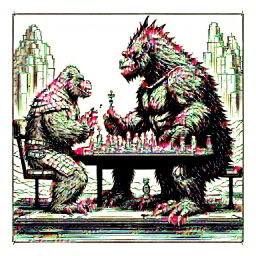 a Godzilla and king kong playing a game of chess