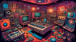 (weird top view perspective) a trippy detailed cartoon adventure of a psychedelic gnome music producer all alone in his old, dilapidated music mushroom studio. analog music equipment all over. rare rave posters on the walls. tiny details in every corner of the room. 2 turntables and a mixer, tb303. gnomes hanging out in the room. futuristic music equipment. large speakers in the corner of the room. music knobs all over the room. laser light show!!!