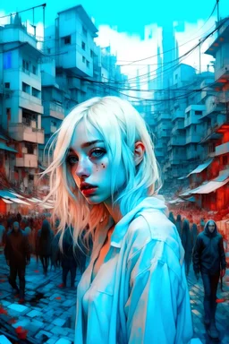 Dystopian world, without nature, moderne city, bright and monoton colors, white,, beauty is important, there is electricity on the houses, with a lot of people in the background, in the city people are more detailed and are blonde with blue eyes, all look the same and very pretty and we see them from the front, in the back there is blood, not in the front, the people have a big bright smile