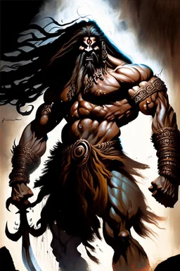 A towering and formidable figure emerged from Indian mythology displaying breathtaking bulges of rippling muscle his long flowing locks cascading like dark waterfalls down his broad back his fierce and menacing visage portraying a seething anger that seemed to smolder like embers within his soul wielding with effortless power a mighty and deadly axe his weapon of choice for rending enemies limb from limb, Fantasy art, Digital painting, Highly detailed, Sharp focus, Intricate, Dark lighting, Tren