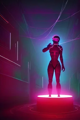 3d, si-fi hunger , far away a girl in the middle, stand on round platform, connected by wires , vr googles, beautifully color coded, super detailed, moody lighting, volumetric lighting, night time, glowing veins, mass effect