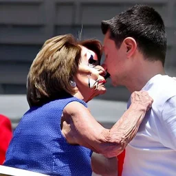 NANCY PELOSI, KISSING Volodymyr Zelensky WITH A BEARD wearing TANKTOP,