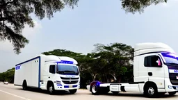 A police Tesla Cybertruck is chasing a Tesla 'Model S Plaid' at top speed, across Chichen Itza, in Mexico. CINEMATIC. WIDE ANGLE LENS.