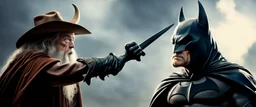 Gandalf cowboy vs Batman as a cow, movie poster