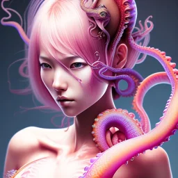  Asian woman, leaning pose, octopus slobbe,, pink short hair, latex suit, full body, squid, intricate detail , portrait, high lighting, Gradient background, style <Yoji Shinkawa>,