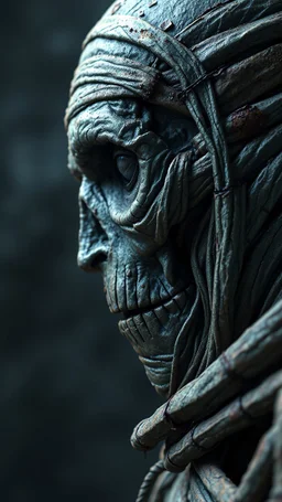 Busch painting style nightmare, a zoomed side view of the mummy by his face skin is a rusted broken metallic skin texture in a 3d rendering full-height image of a grim and dark scene. Ensure the final images exhibit the utmost quality, encompassing 4K, 8K, and 64K resolutions, with 3D rendering that manifests in photorealistic, hyperrealistic, and highly detailed representations. Employ techniques such as HDR, UHD,