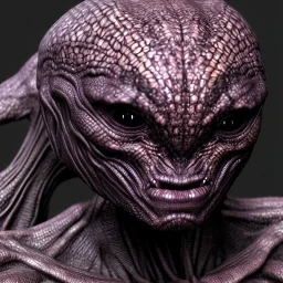 Scary humanoid alien with dark rough skin with scales, hyper realistic, photorealistic