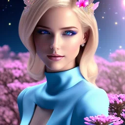 Full body Princess, sexy woman blondie, make up, beautiful smiling face,blue eyes, beautiful place,amazing, flowers, colors, blue and pink butterfly, realistic, photo real, stars night, detailed, high contrast, 8k high definition, unreal engine 5, extremely sharp detail, light effect, light background