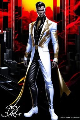 Striking hyper-realistic anime illustration of a powerful male protagonist, dressed in a white, red, black and gold outfit. Featuring obsidian patterns with gold details and the edges emit fascinating energy. Muscular physique accentuated with sleek lines and details. Futuristic cityscape background. Masterpiece of art that combines anime and science fiction aesthetics. Poster-worthy cinematic illustration. Full body