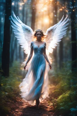 Beautiful Angel in Magical Forest full of lights colors, Photography Art Photoshoot Art Cinematic Soft Blur Colors - on Running Dramatic Pose