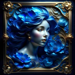 8K 3D Ultra-realistic images with beautiful details Alcohol ink with gold border in 3D, beautiful attractive female portrait, flower, stained glass, muted colors pastel royal blue and pastel light blue shades, highly detailed, 3D, relief, hdr, 16k black background