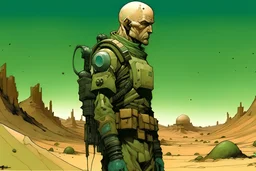 A Bald Soldier With green eyes wearing Desert Camouflage and a sci-fi rebreather, standing looking out upon a desert planet, Style Alex Maleev,