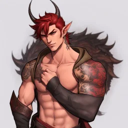 A Young Adult Male. A unique blend of Wood Elf and Red Tiefling features. His handsome face contrasts with the Yakuza dragon tattoos that completly cover his back, arms, and legs. He is wearing a torn coat, he also has earings. A physique that is strong and well-built, resembling a Fighter. Defined and Realistic