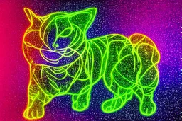 black background, outlines of a full-figure holographic cat, drawn from thin neon-coloured glowing lines