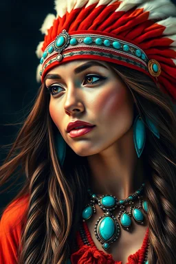 A hyper-realistic photo, Beautiful Native American woman with long flowing hair wearing a Native American head-dress, turquoise jewelry, vibrant colors,, 64K, hyperrealistic, vivid colors, (glow effects:1.2) , 4K ultra detail, , real photo