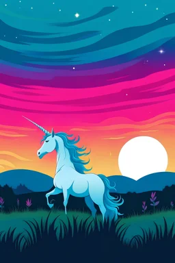 Banner, a unicorn bowing to a crown on a field of green with a blue and magenta sunset