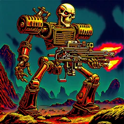 90's TCG art retro fantasy art of skeleton robot firing machine gun