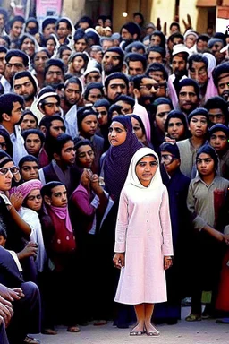 Opening shot: A noisy public place with a small and tense crowd gathered around Dr. Shumukh, a 10-year-old girl, a fierce and confident business leader Arabian style