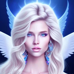 portrait of a beautiful woman with an angel face smiling,long blond hair, blue eyes, pink and blue dress, jewels, soft light aura