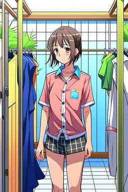 anime girl in a changing room wearing a pyjama shirt and short shirts