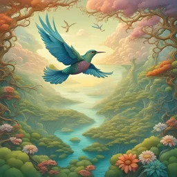 A colorful bird flying in the clouds, an enchanted landscape filled with vegetation with green leaves and flowers, a landscape with twisted trees and vines, blissful peace and quiet, detailed details.