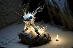 Little sculpture of a strange creature made with concrete and driftwood and mother-of-pearl and low voltage filament lit