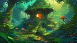 mysterious retrofuturistic house, in a jungle landscape, magical glowing portal, path traced, highly detailed, high quality, digital painting, by studio ghibli, lise deharme, alexander jansson, paul lehr, tim white, hans zatzka, george stubbs, louis wain,