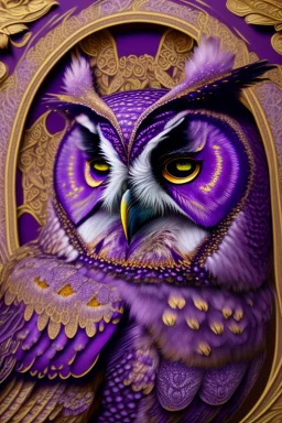 owl, purple and gold tones, insanely detailed and intricate, hypermaximalist, elegant, ornate, hyper realistic, super detailed, by Pyke Koch