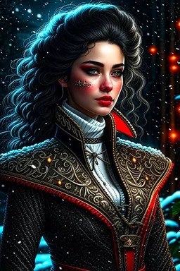 dull body, depth of field, photorealism, downlight, Magic camping site, beautiful, ornate dress uniform, casting spell water snow fly, black wavy hair, enchanted fantasy, cinematic composition, very detailed red machine components, one camera lens eye and shiny black hair, hazel green eyes, 24k, ornate, intricate, complex, digital painting, smooth, art by royo and tom bagshaw.