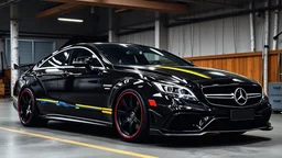 A black tuned Mercedes-Benz CLS 550 Shark with yellow and blue stripes and red and black rims parked in a luxury garage with a birch theme.