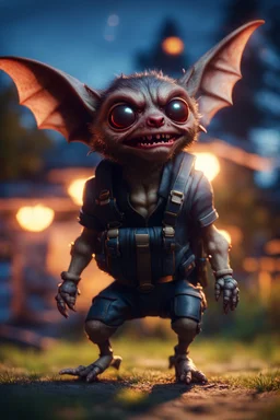 glowing vampire bat gremlin scout pimp hippie in the evening, hovering with glowing jets from rocket backpack in the backyard, in the style of a fallout 4,bokeh like f/0.8, tilt-shift lens 8k, high detail, smooth render, down-light, unreal engine, prize winning