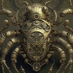 a mechanical beetle insect, top view, anatomic, highly intricate design and elements, ancient and mythic vibes, medieval treasure vibes, screws, bolts, buttons, cylinders and pipes, circuitry design insect, cinematic top view